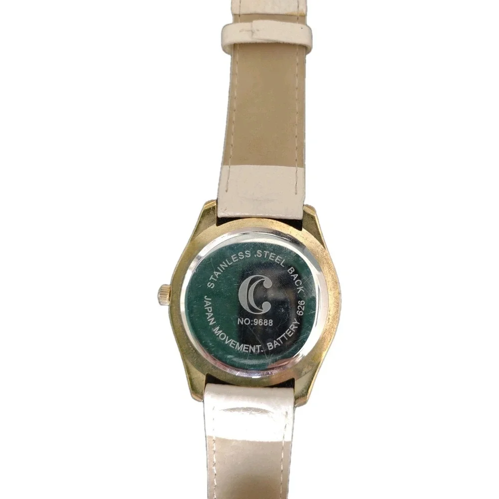Women's Gold Tone Watch Crystal Bezel White Leather Strap Japan Movt NO:9688